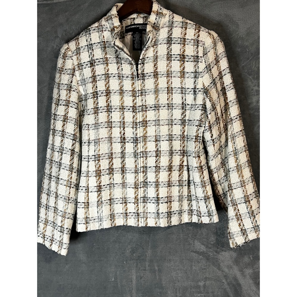 Vintage Norton McNaughton 8P Ivory Plaid Bouclé Zip Jacket Petite